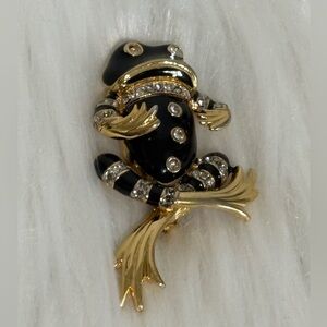 Vintage Gold-Tone Black Enamel Frog Brooch with Clear Crystal Accents